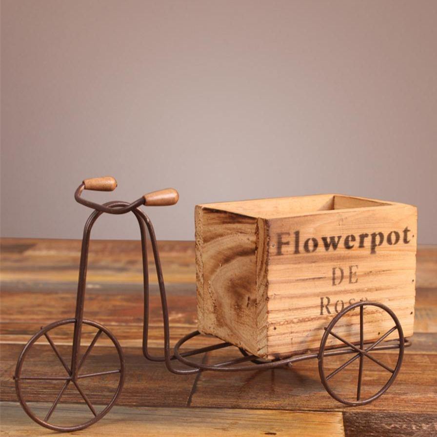 Wrought Iron Tricycle with Wooden Planter Stand